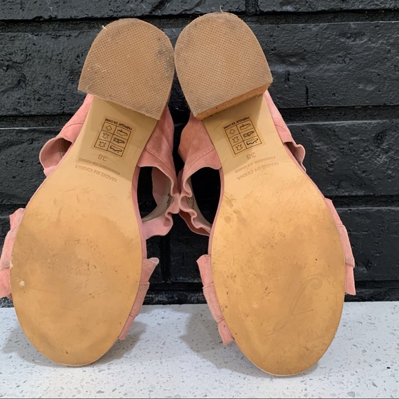 Free People Pink Suede Rosie Ruffle Slip On Double Strap Open Toe Heels - Picture 5 of 11